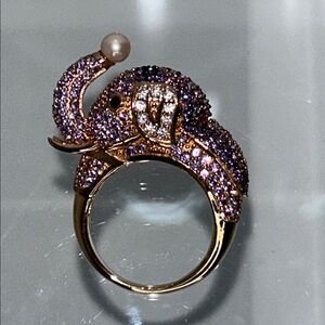 NWOT Gold Plated Sterling Silver Crystal Pave Elephant Designer Ring Boho
